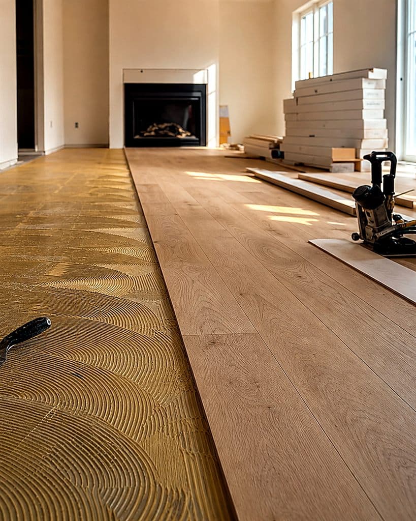Wide-plank white oak installation in progress