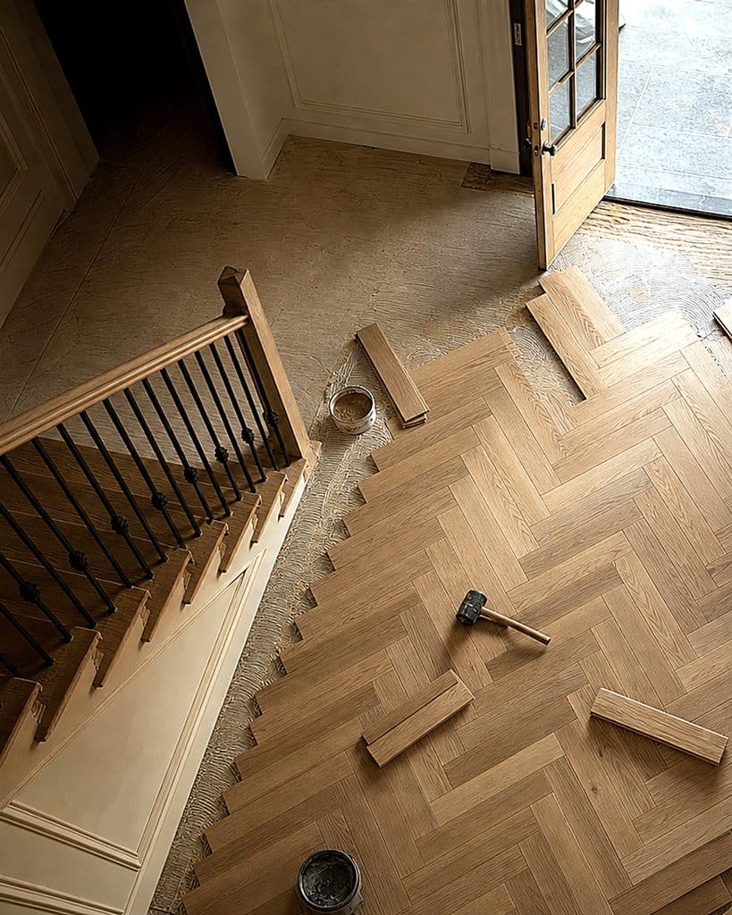 Herringbone pattern being laid in foyer