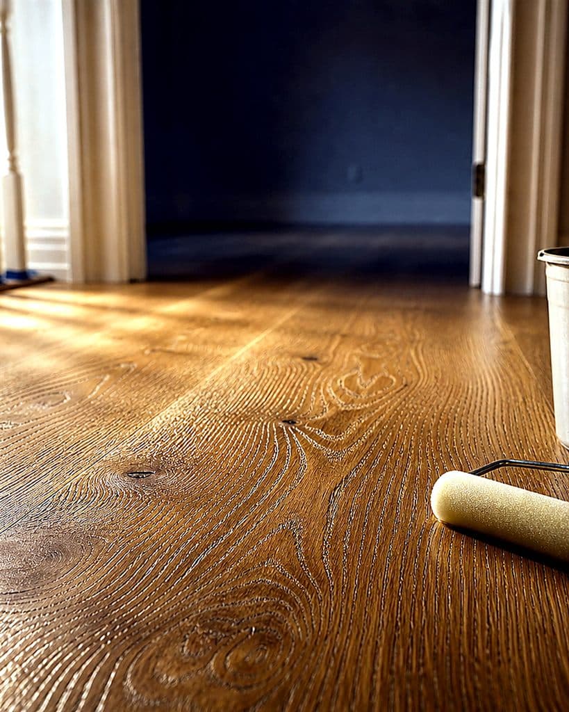 Applying finishing coat on wide-plank white oak