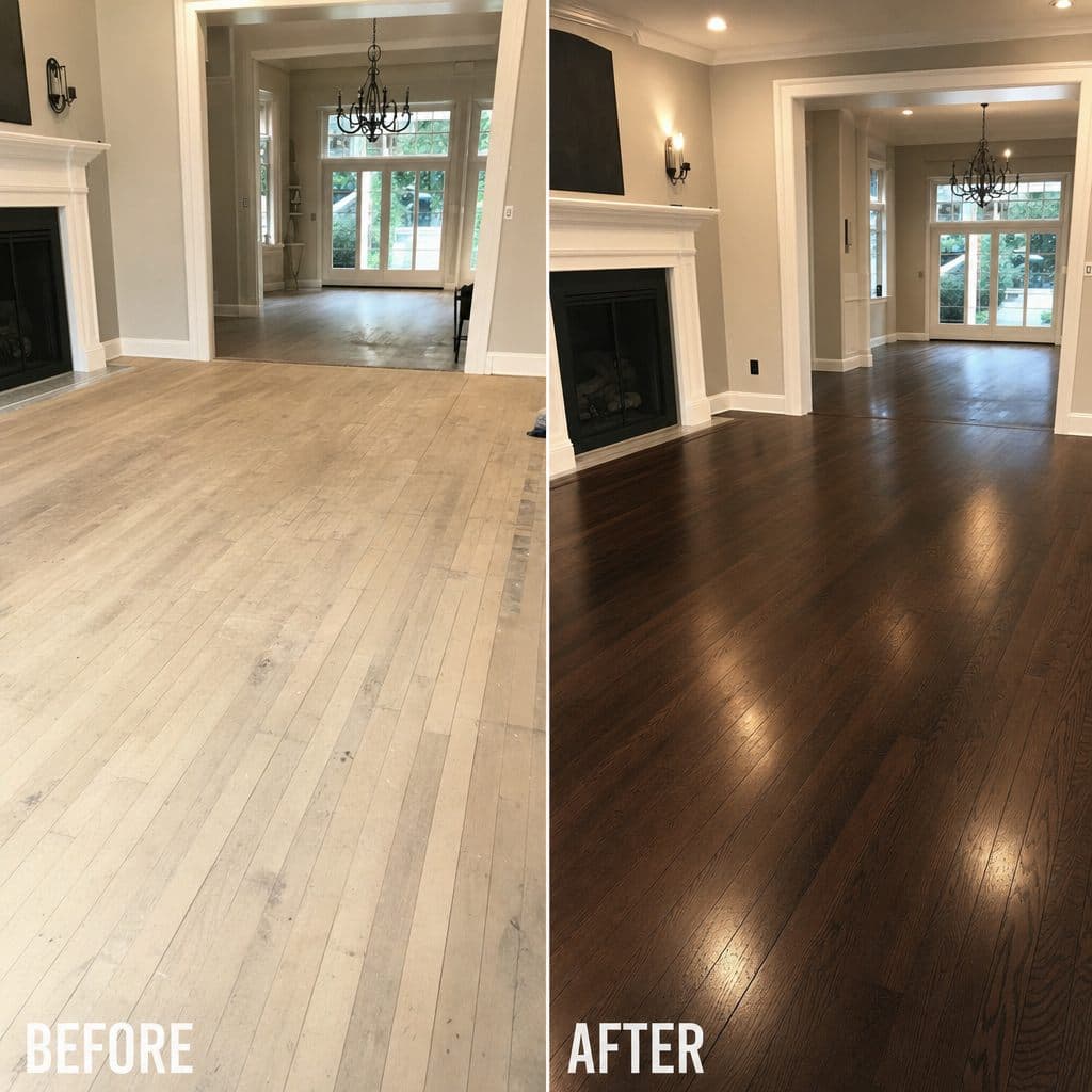 Dark espresso stain refinish on oak flooring
