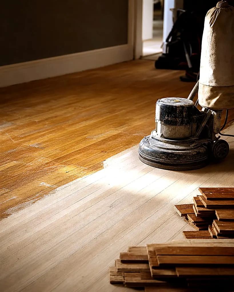 Subfloor prep and surface sanding in progress