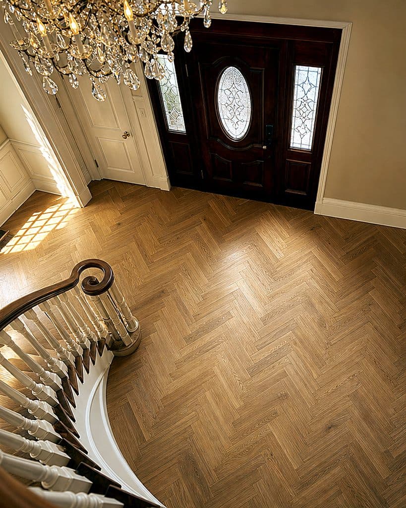 Herringbone foyer result after sanding and staining